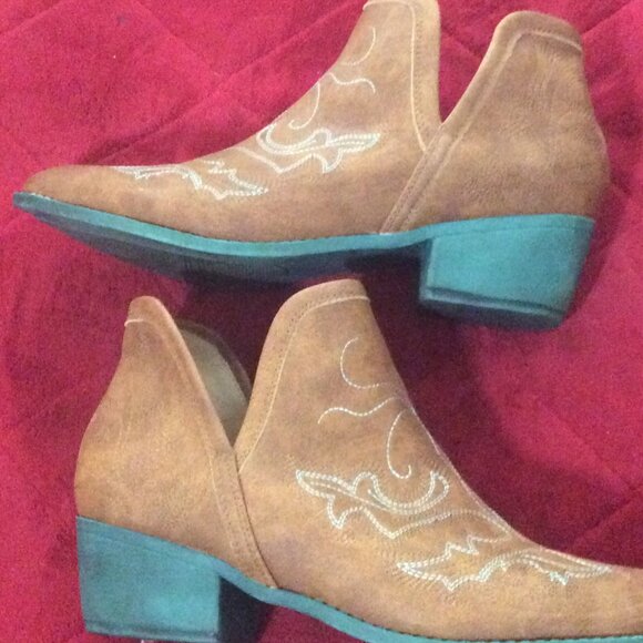Jolimall Cognac Brown Faux Leather & Teal Heels Western Ankle Boots Women's 10 - Picture 6 of 10